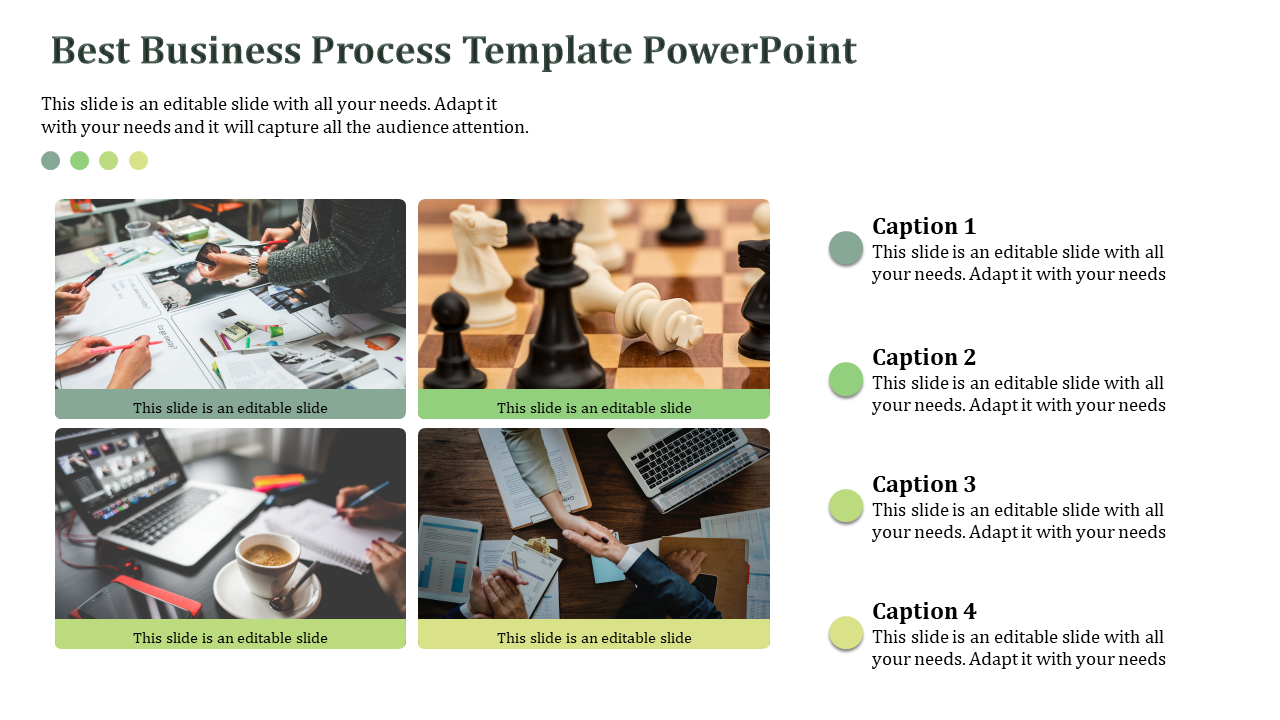 Business process PowerPoint template showcasing collage of images and captions with placeholder text.