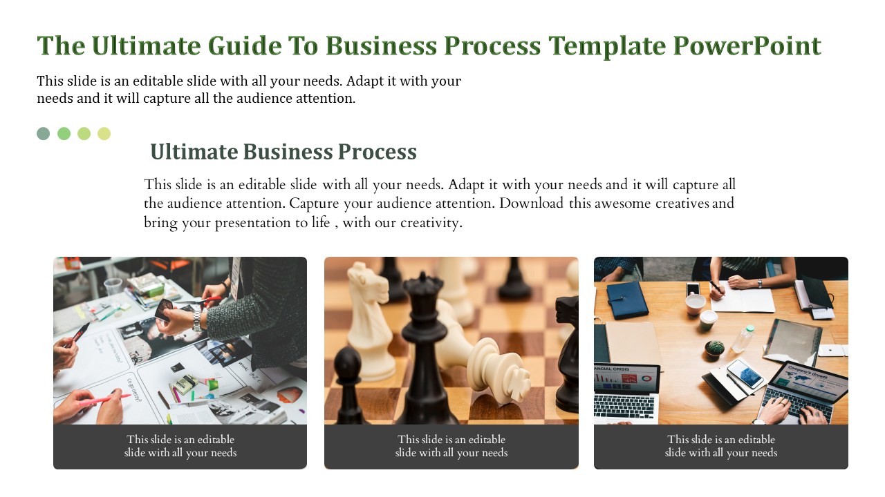 Business process slide with team brainstorming, a chessboard strategy focus, and an office meeting scene with laptops.