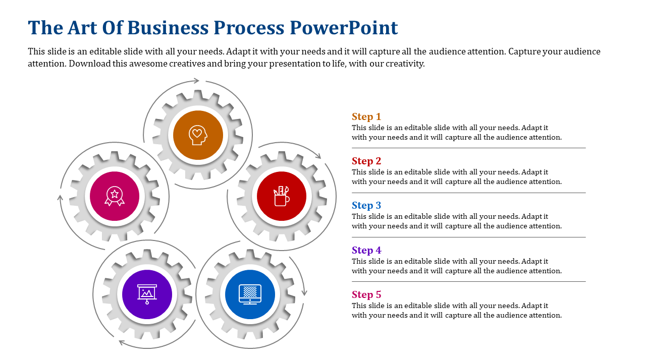 Business process PPT slide featuring five gears, each representing a step in the process with icons and placeholder text.