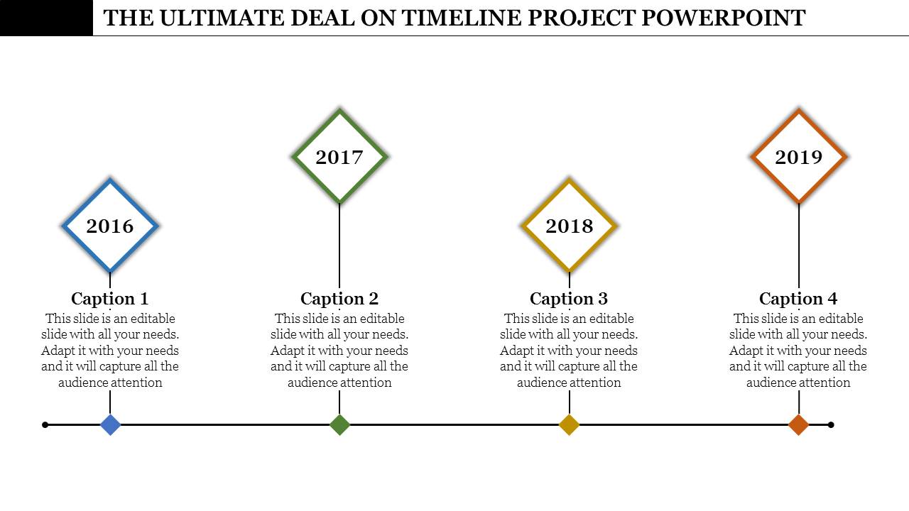 Minimalist timeline design featuring years 2016 to 2019, with vertical lines and diamond markers above captions.