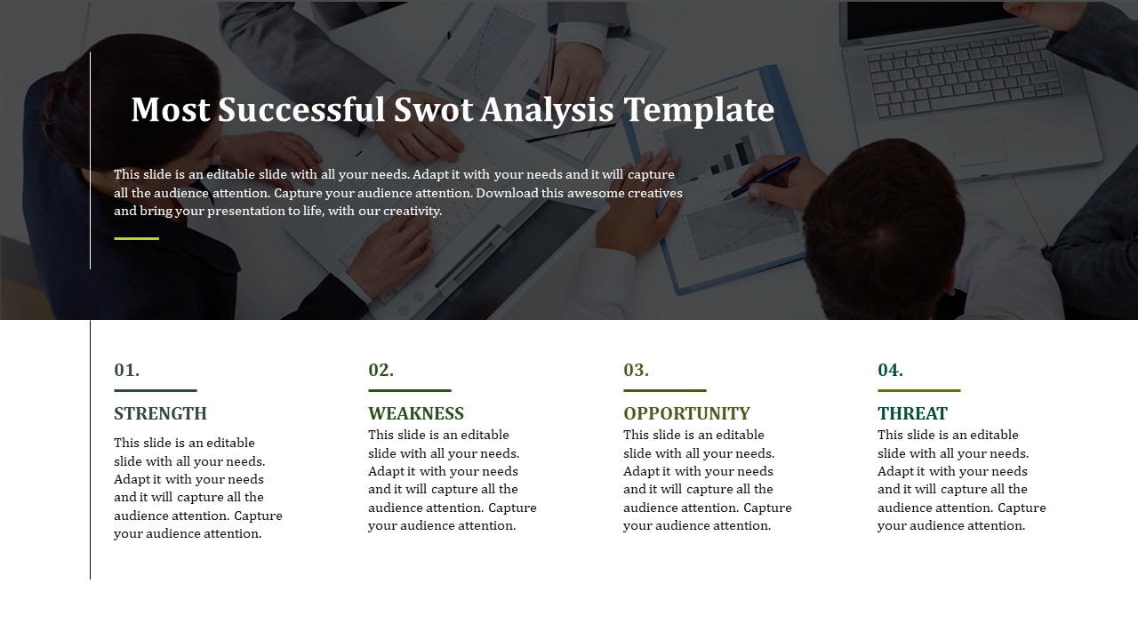 SWOT analysis slide with a blurred meeting background and four numbered captions on a white bottom area.