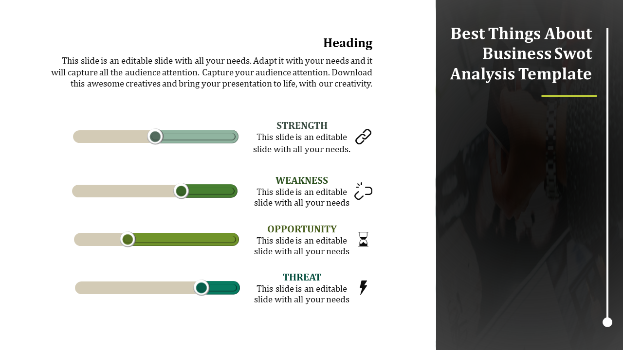 SWOT diagram with slider bars in different shades of green representing strength, weakness, opportunity, and threat levels.