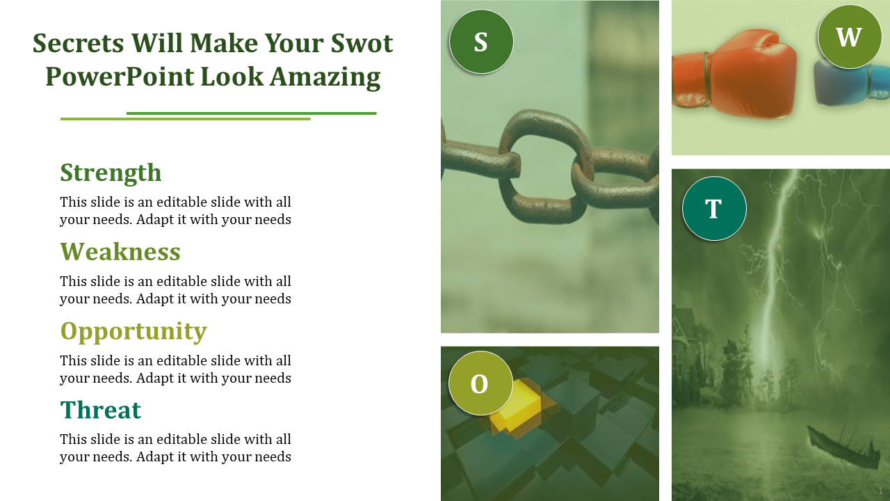 SWOT analysis slide with four sections paired with images of a chain, boxing gloves, a lightning storm, and a cube.