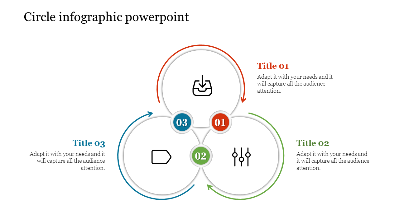 Circular infographic with three overlapping circles, numbered 01 to 03, featuring icons and arrows in red, green, and blue.
