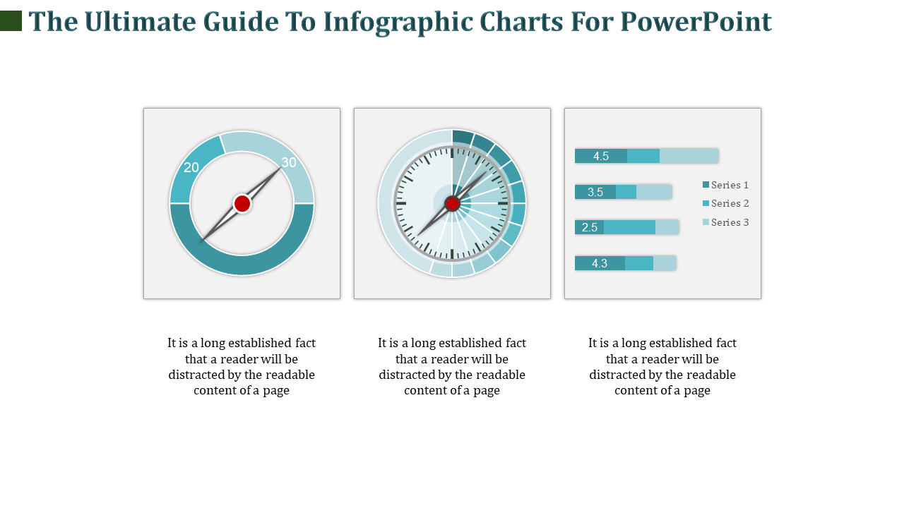 Teal themed slide with a speedometer, circular gauge, and horizontal bar chart for showcasing different infographic styles.