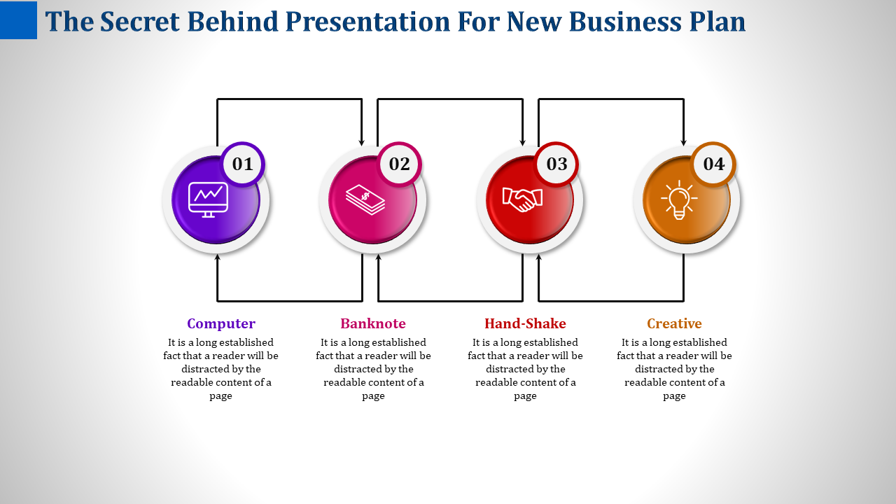 Infographic layout featuring four numbered circles in purple, pink, red, and orange with icons, paired with framed squares.