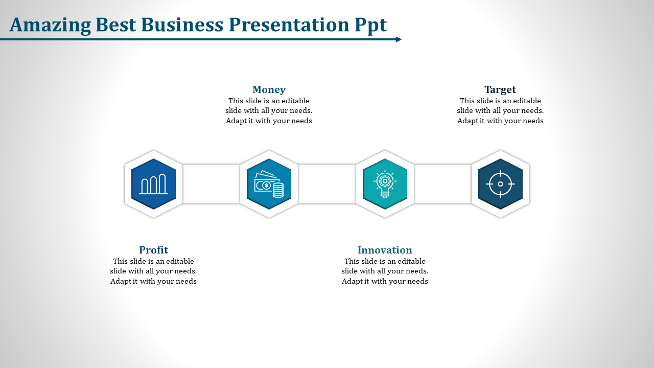 Business slide showing a horizontal layout of hexagon-shaped icons from bar chart to target each with caption areas.