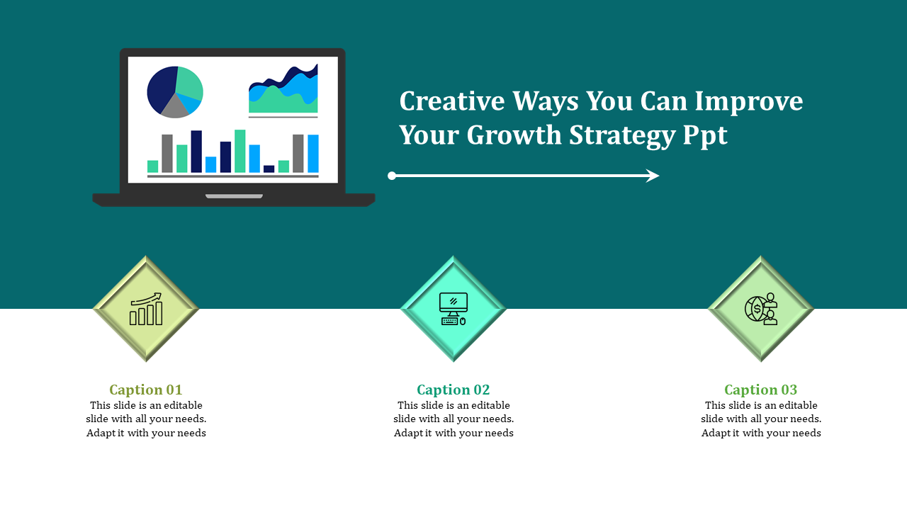 A growth strategy PowerPoint slide featuring a laptop with charts and graphs, along with three caption boxes beneath it.