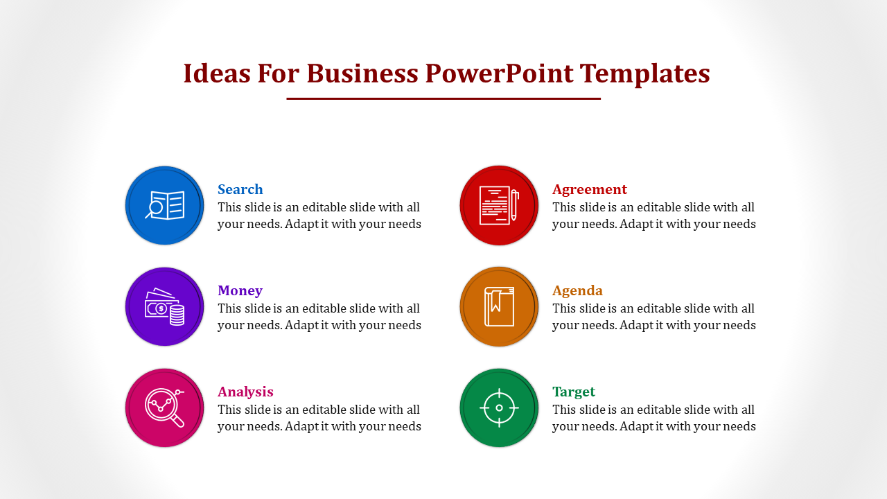 Layout featuring six circular icons in blue, red, purple, orange, pink, and green, labeled with business related terms.