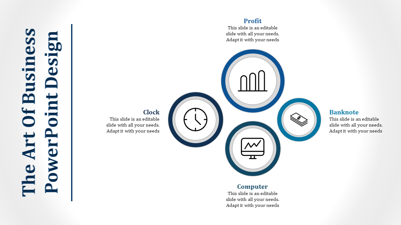 Business PPT slide design with four icons representing different business concepts each with captions.
