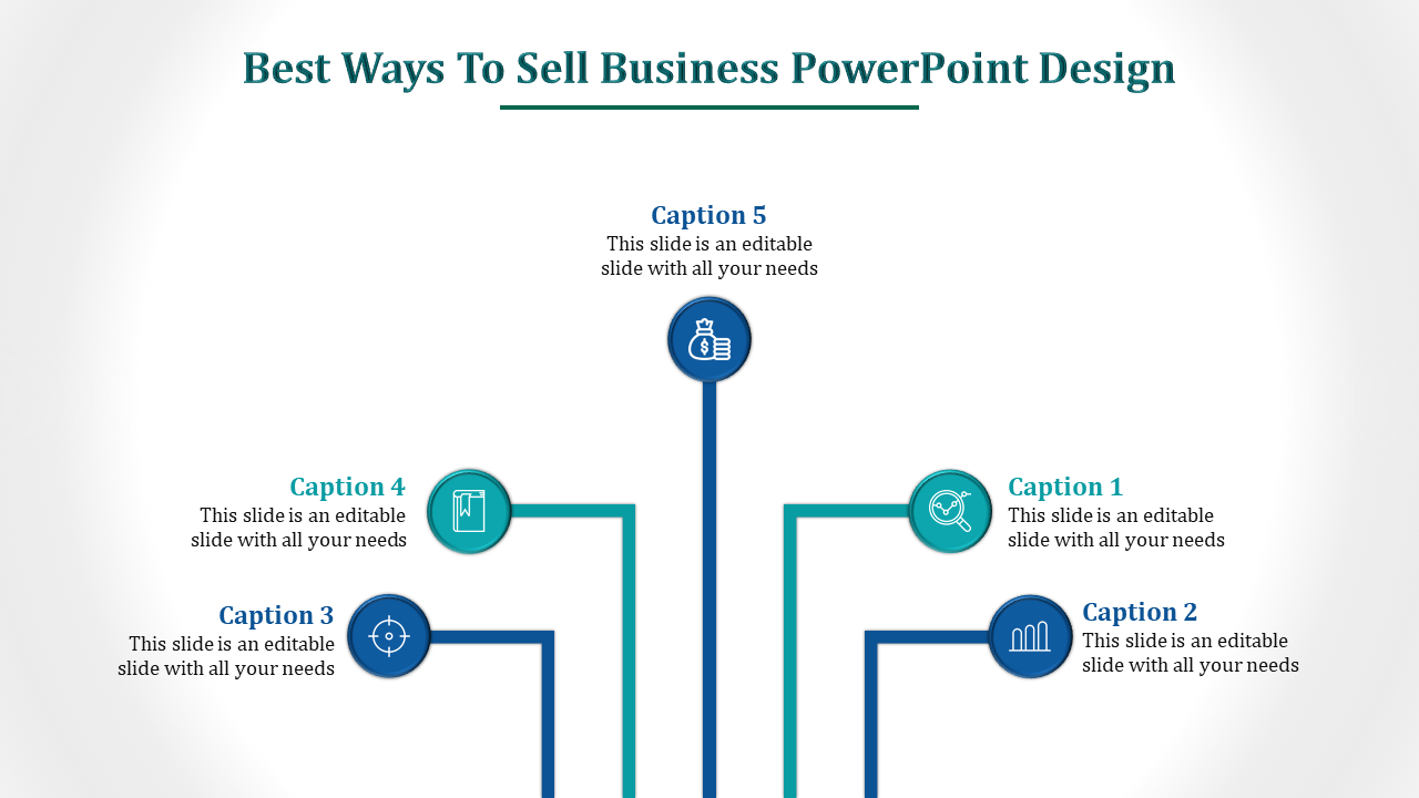 Business PPT slide design featuring five sections with icons for different business strategies, each with captions.