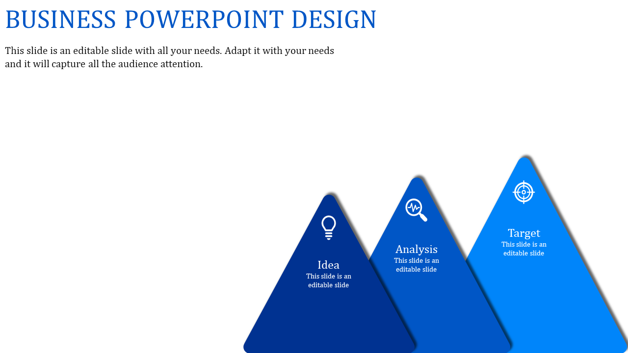Triangular business process with three blue pyramids displaying icons for brainstorming, analysis, and goal setting.