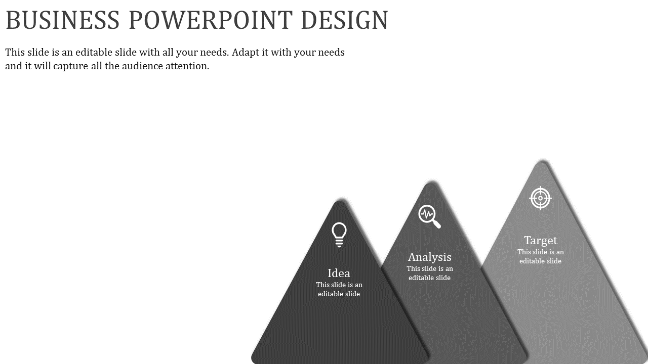 Horizontal layout with three gray triangles featuring white icons for idea, analysis, and target.