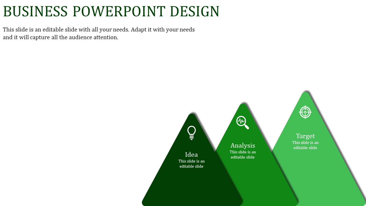 Business PowerPoint slide design with three green triangular sections labeled idea, analysis, and target, featuring icons.