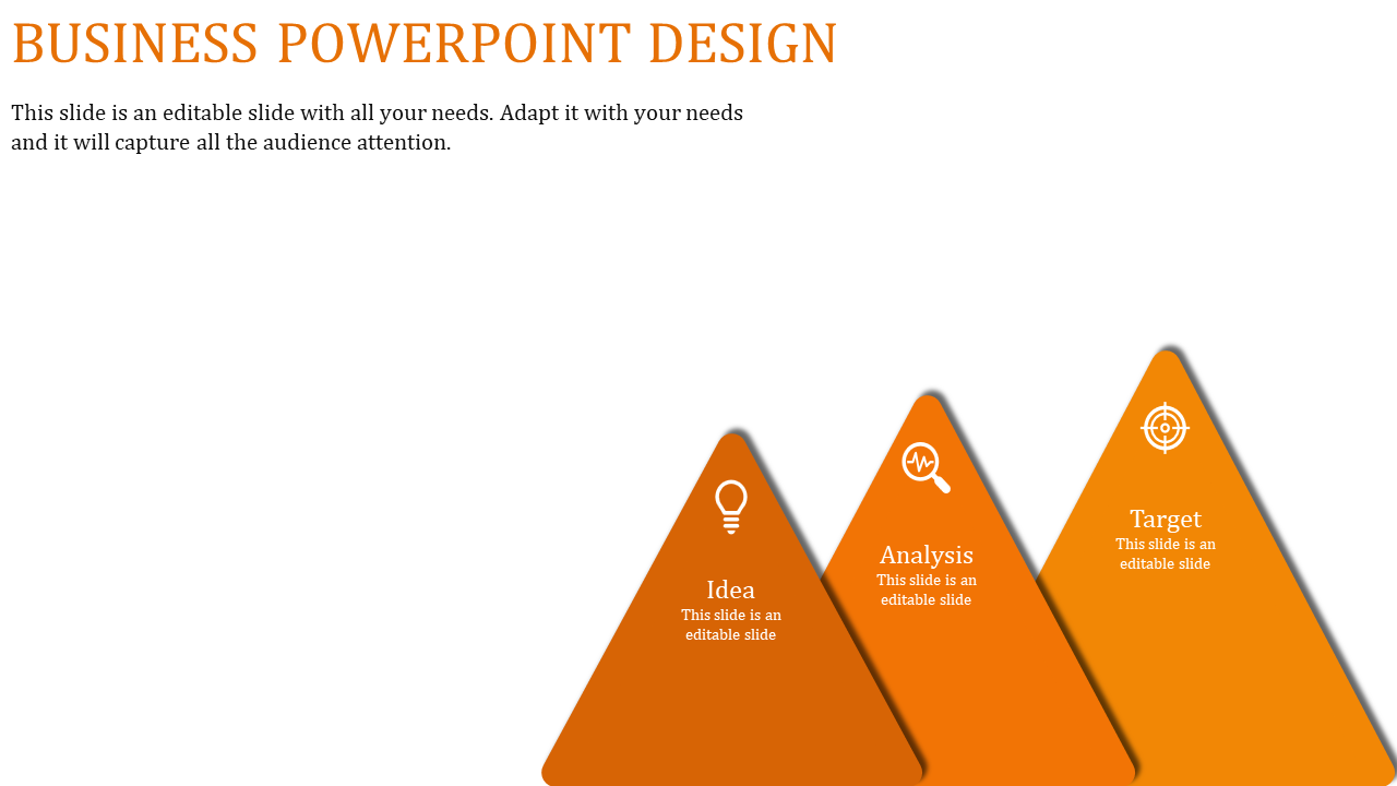 Triangular business process with three orange pyramids displaying icons for brainstorming, analysis, and goal setting.