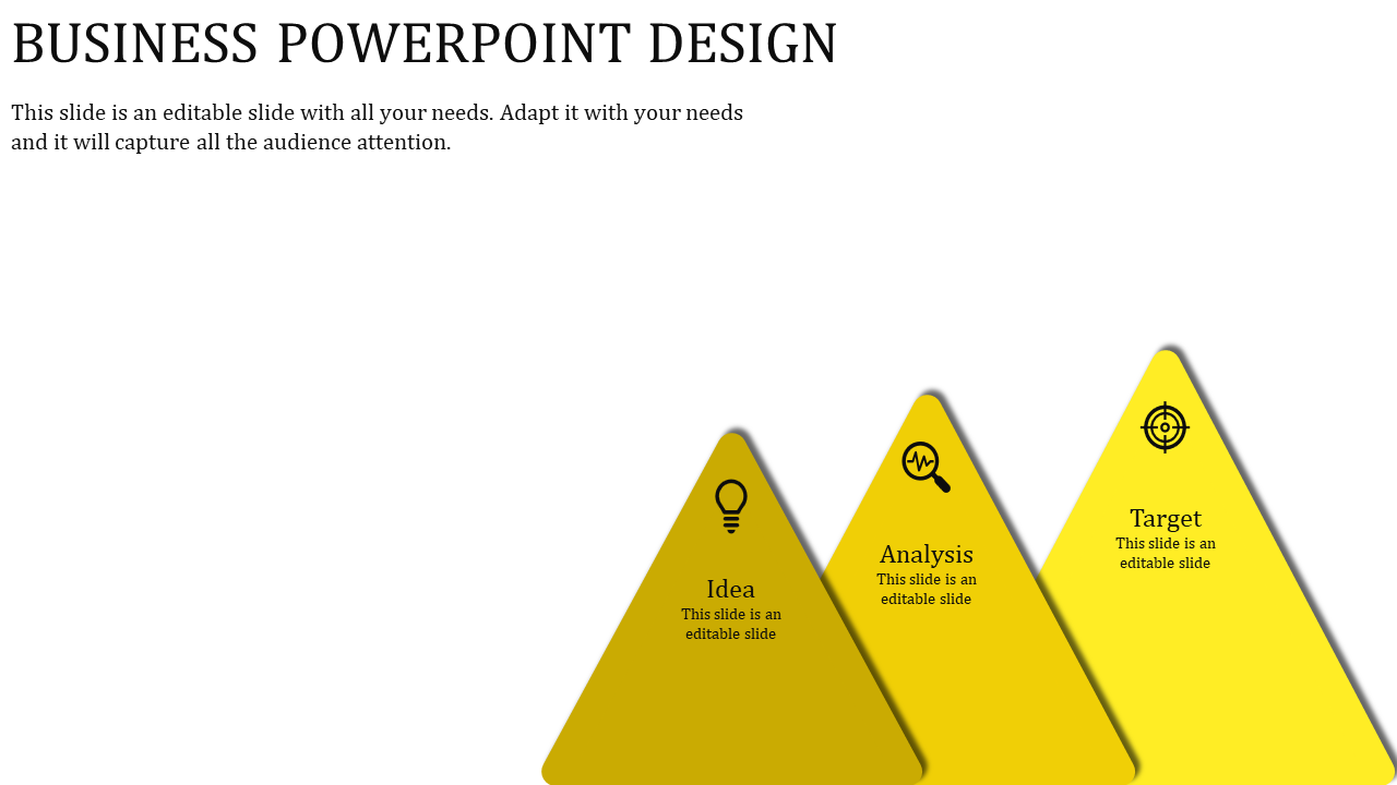Triangular business process with three yellow pyramids displaying icons for brainstorming, analysis, and goal setting.