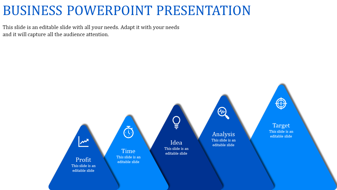 Business PPT slide design with five blue triangular sections labeled profit, time, idea, analysis, and target, with icons.