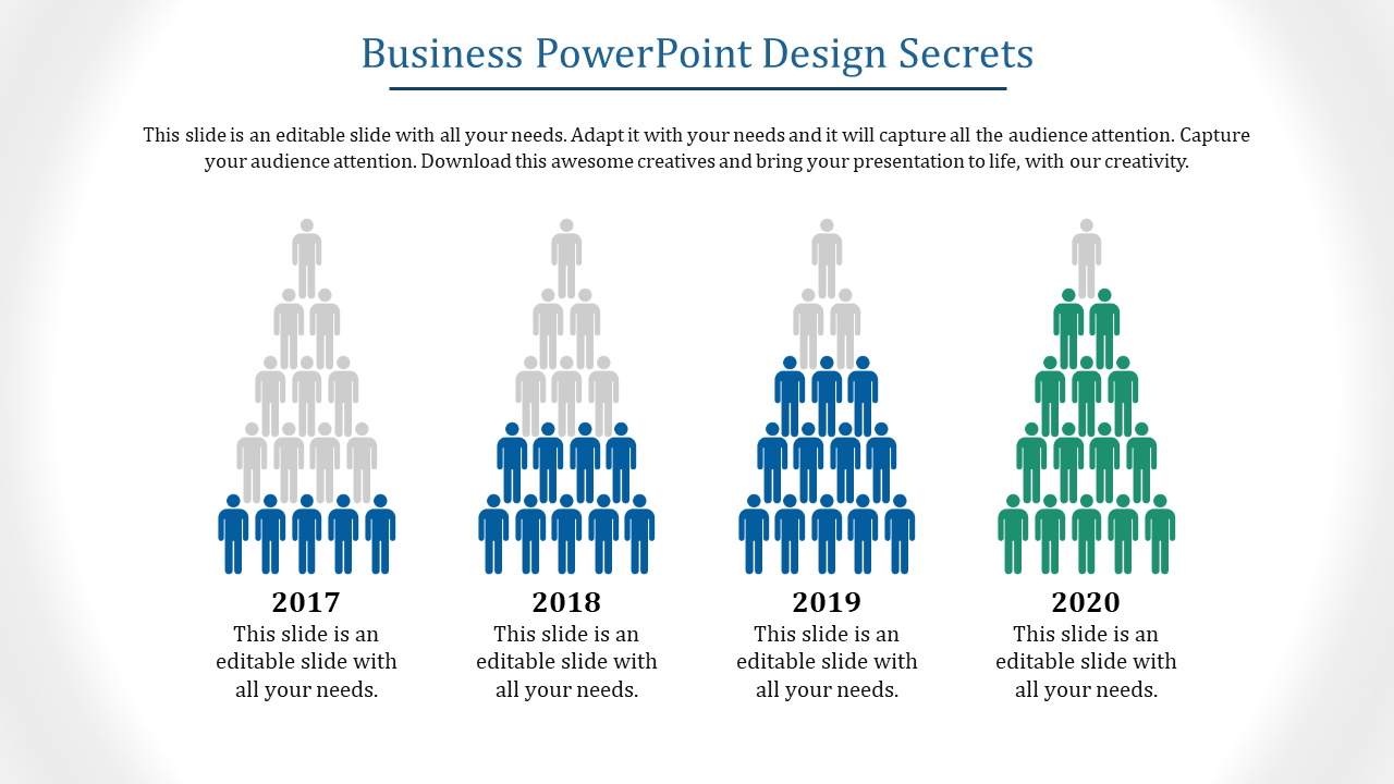 A business PowerPoint slide featuring human figures arranged in pyramid shapes for 2017 to 2020 with placeholder text.