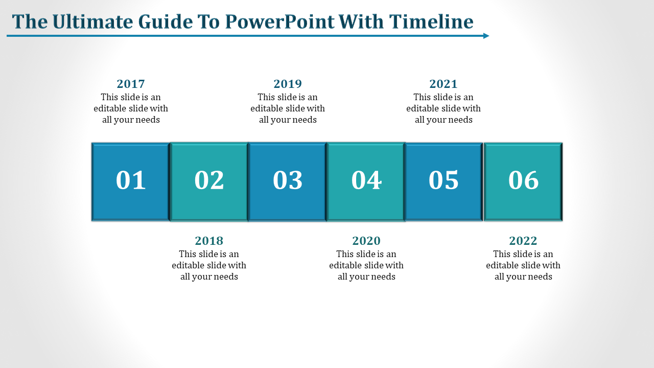 A timeline slide for PowerPoint, featuring the years 2017 to 2022 with corresponding placeholders for each year.