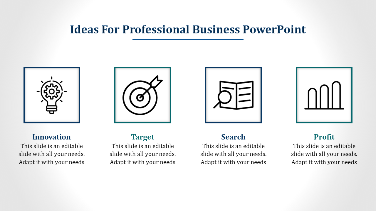 Business infographic with four sections showing icons for innovation, target, search, and profit, each in boxes with text.