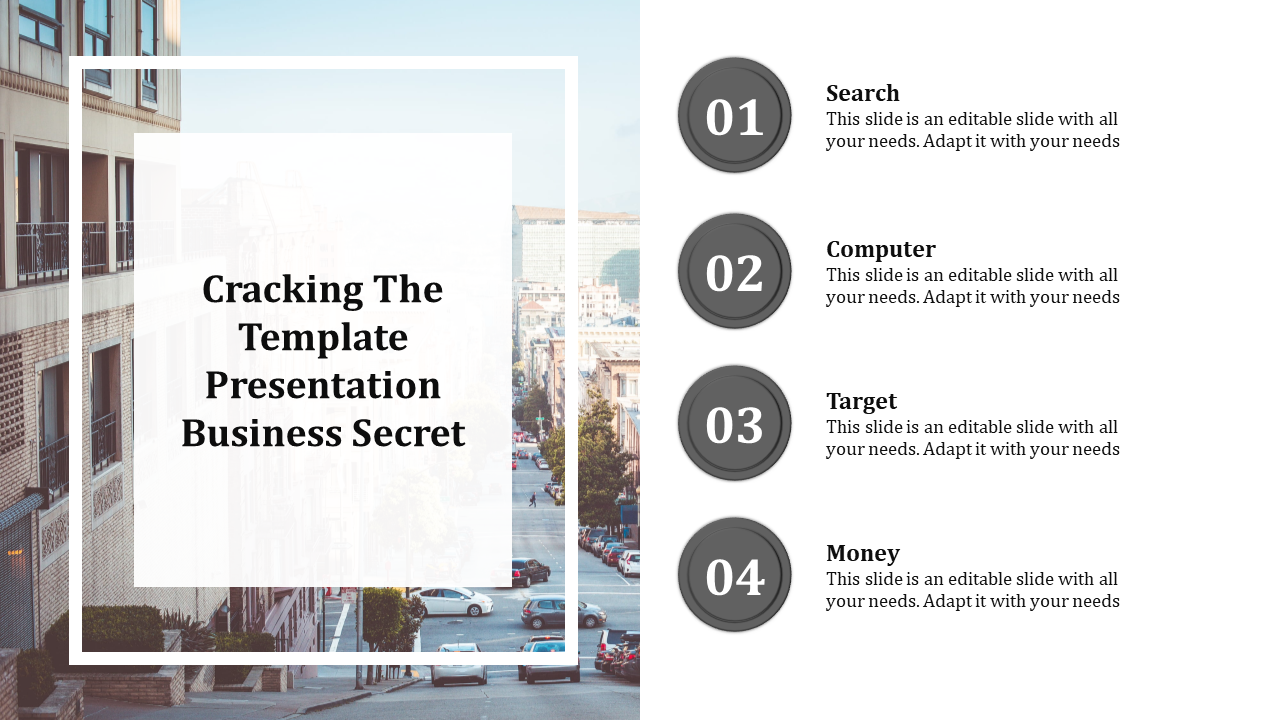 Slide layout combining an urban background with a bold title and a vertical list of four text sections on the right.