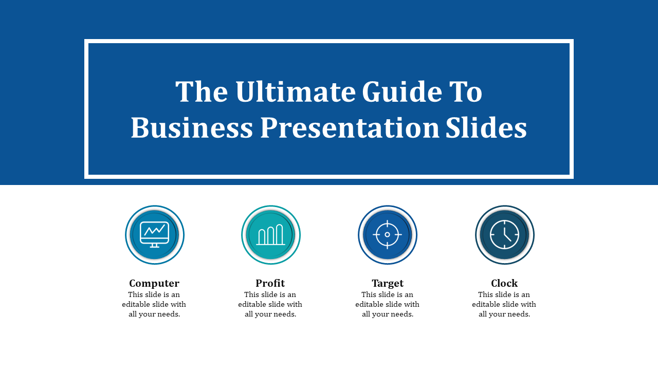 Slide design featuring a blue banner title and four icons representing key business concepts with captions.