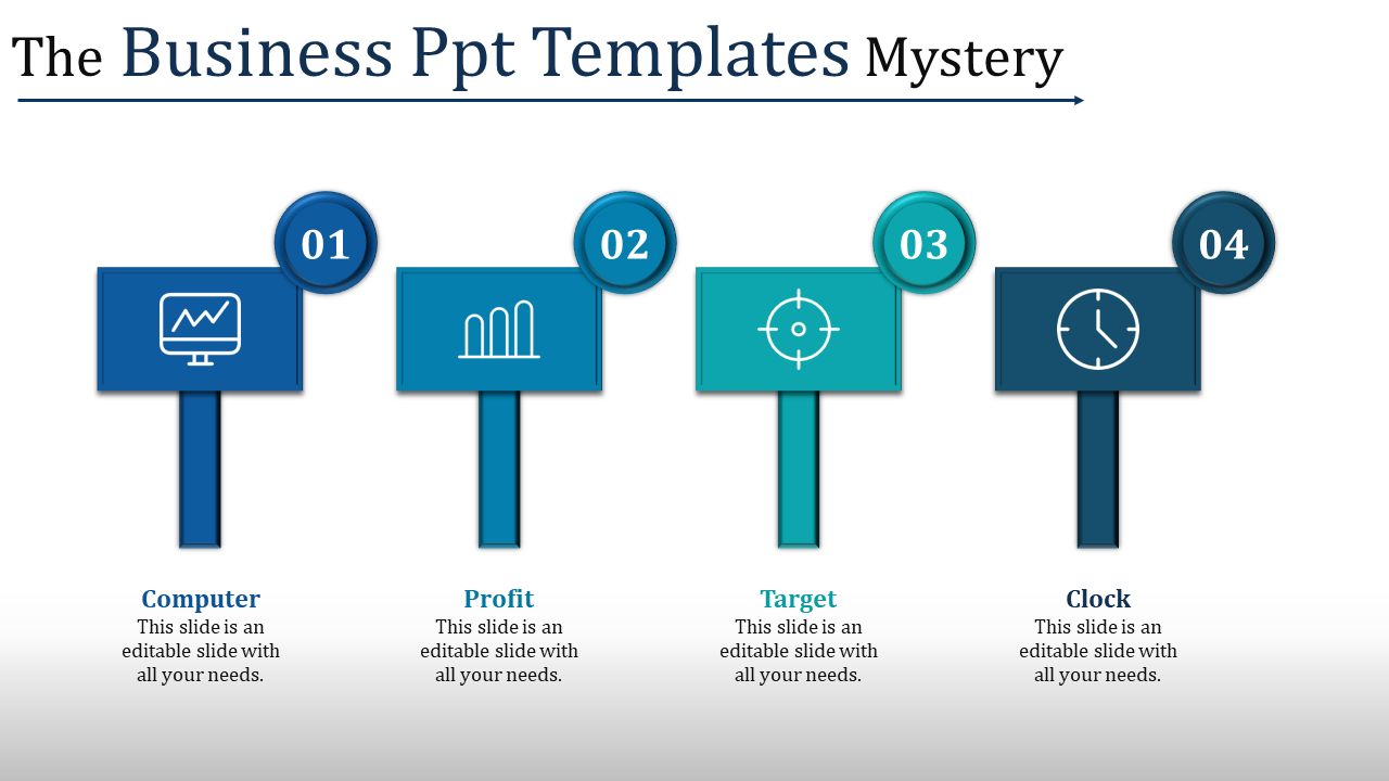 Horizontal infographic with four numbered rectangles in blue and teal tones, each containing icons and descriptions.