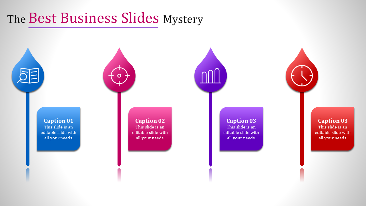 Vertical drop shaped icons in blue, pink, purple, and red with caption boxes, arranged in a linear layout.
