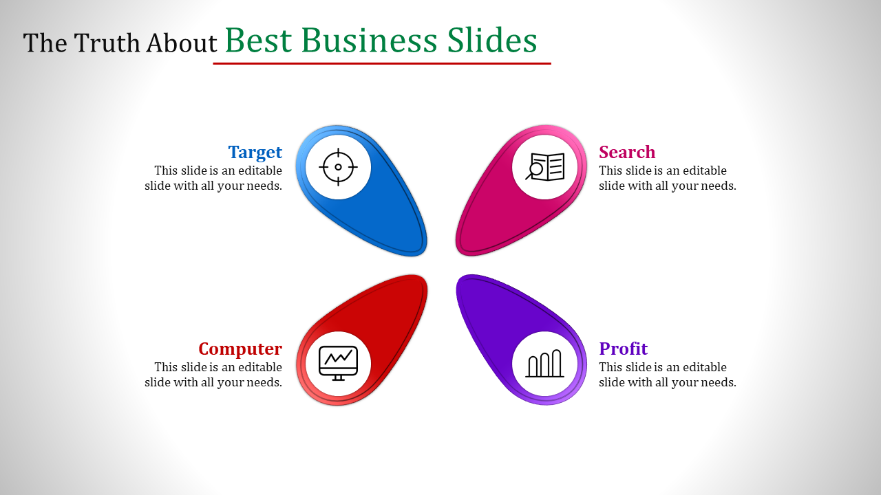 Slide displaying four distinct sections in blue, pink, red, and purple, representing business concepts.