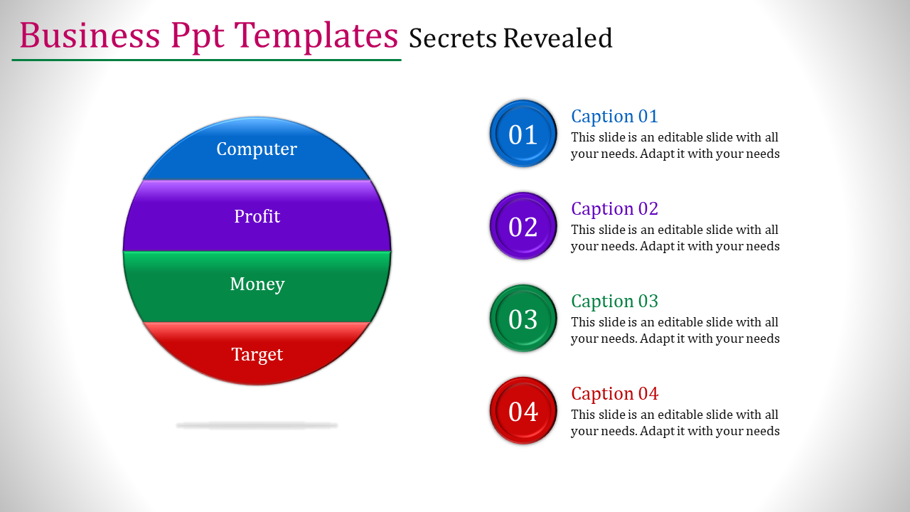 Slide showcasing a four layered circle with blue, purple, green, and red sections paired with captions in matching colors.