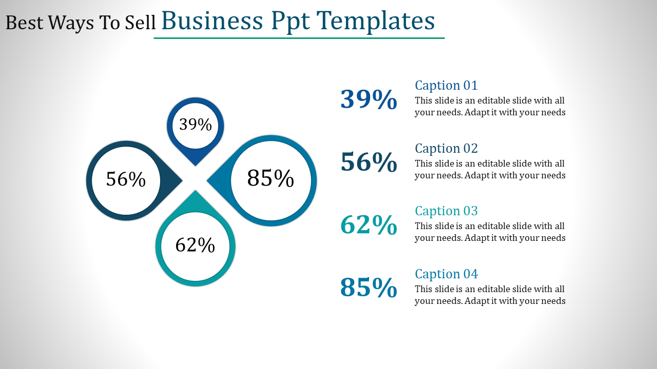 Business infographic featuring four blue circles labeled with percentages: 39%, 56%, 62%, and 85%.