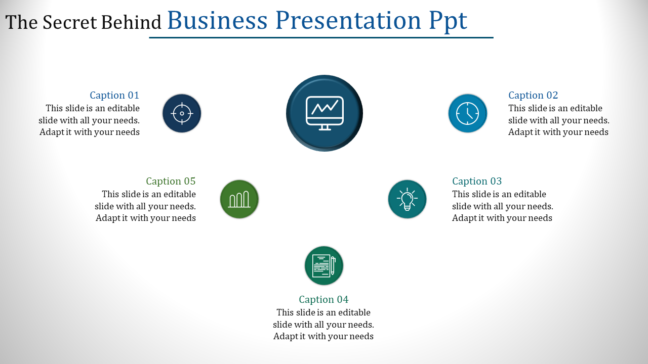 Business PPT slide with five icons representing strategy, growth, timing, innovation, and documentation, each with captions.