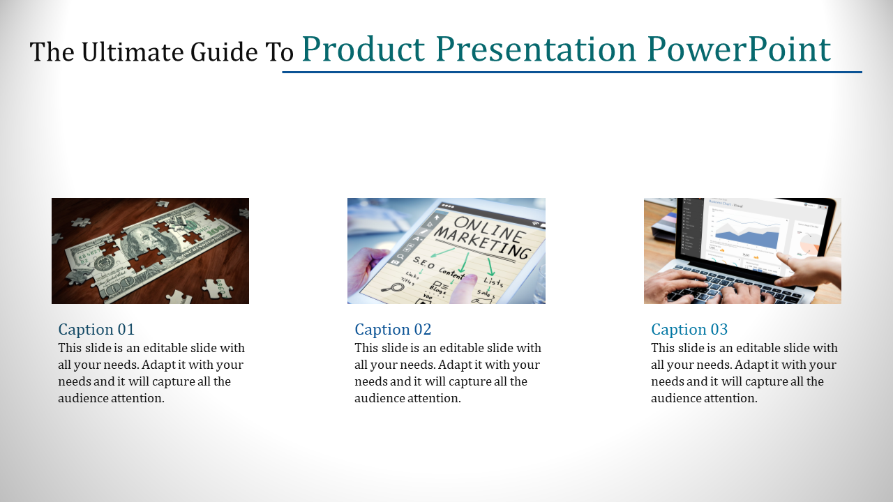 Slide with three images in a row of puzzle pieces, online marketing tools, and a laptop with charts, each paired with text.