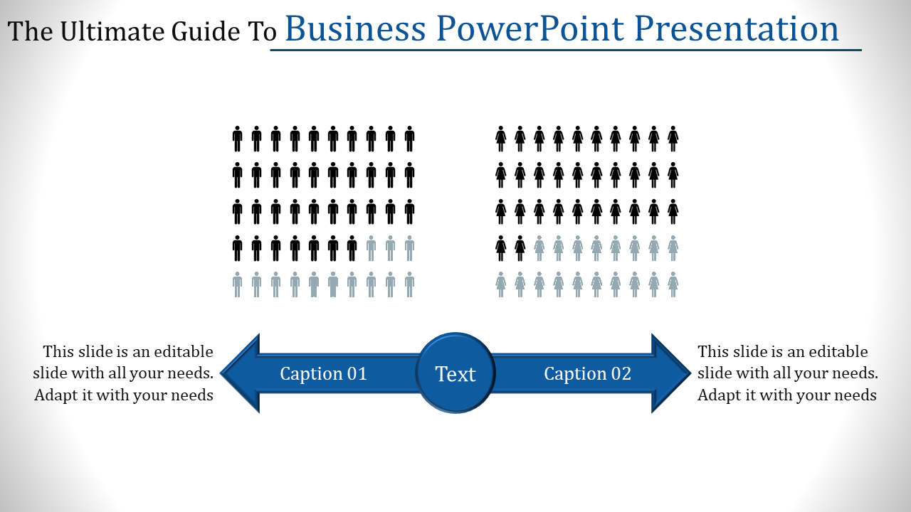 Business PowerPoint slide with illustrations of male and female icons, along with captions for presenting data.