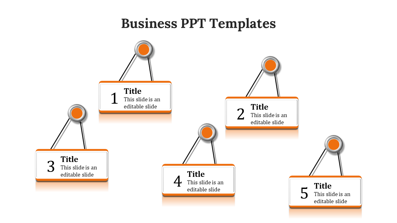 Business PowerPoint slide with five sections labeled with titles, connected with orange icons.