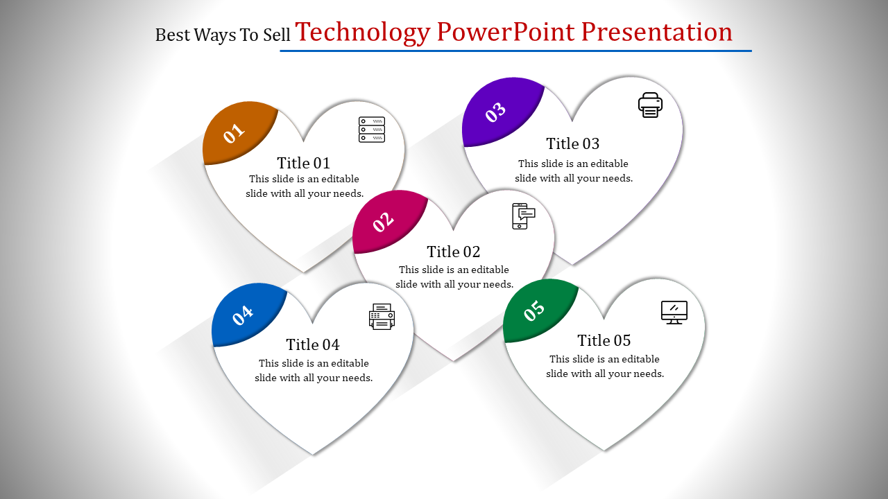 Technology PowerPoint template featuring five heart shaped sections with title labels and icons.