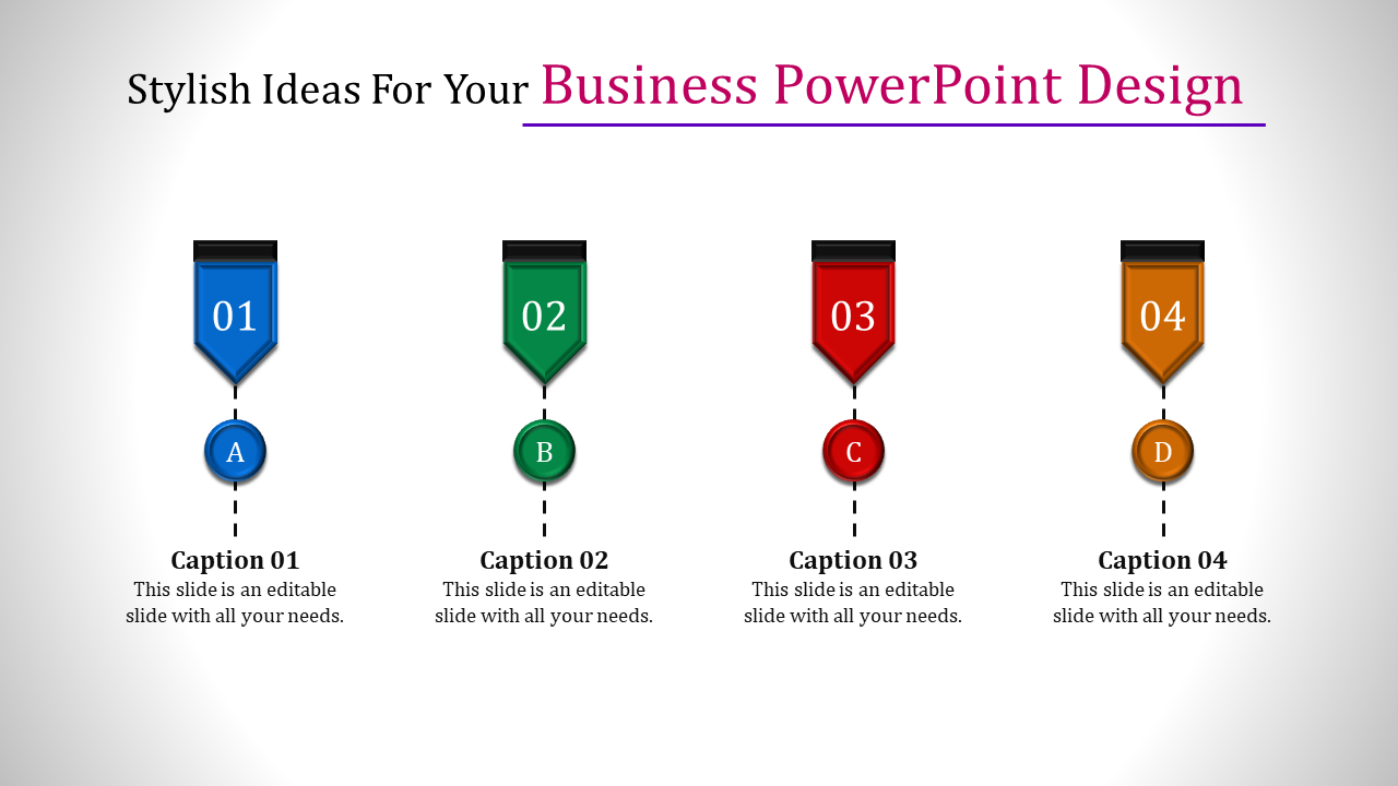 A business PowerPoint design template with medals numbered from 01 to 04, each with a corresponding caption.