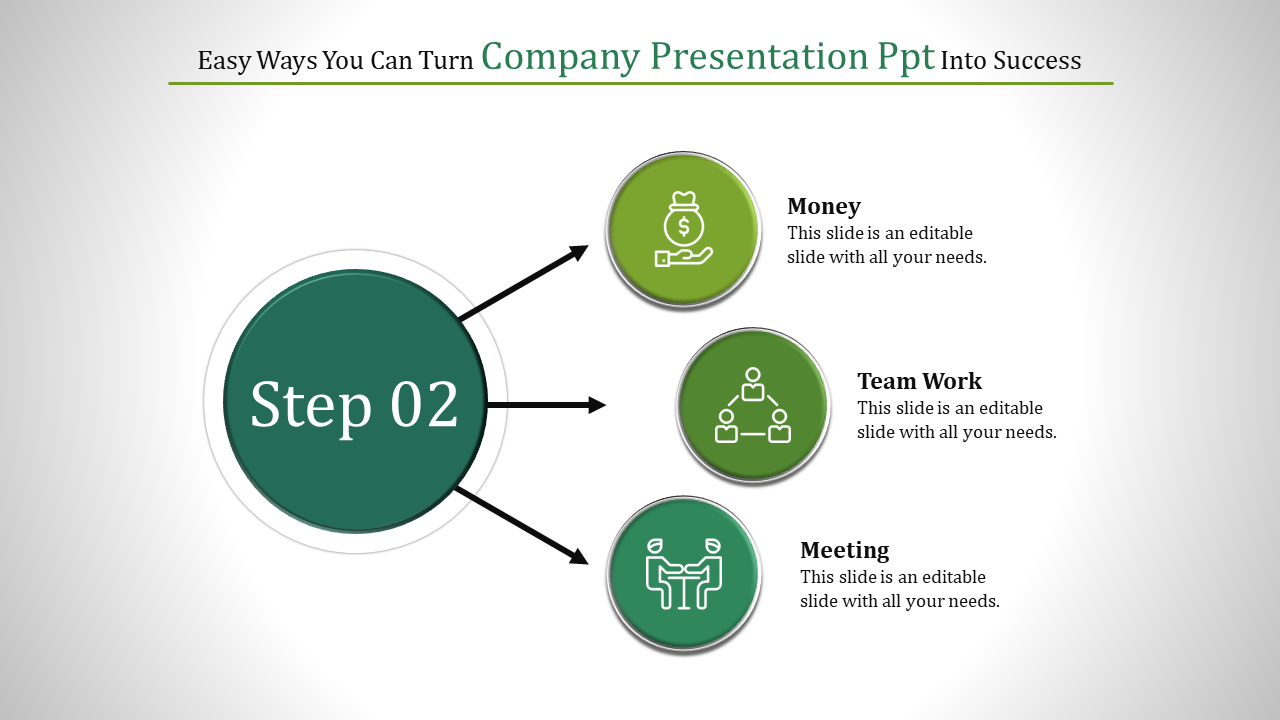 A PowerPoint slide showing Step 02 with connected icons for money, teamwork, and a meeting with placeholder text.