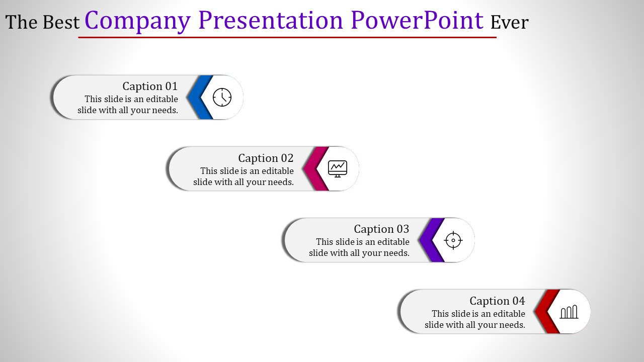 Four horizontal rounded banners with icons and captions in blue, pink, purple, and red, arranged diagonally.
