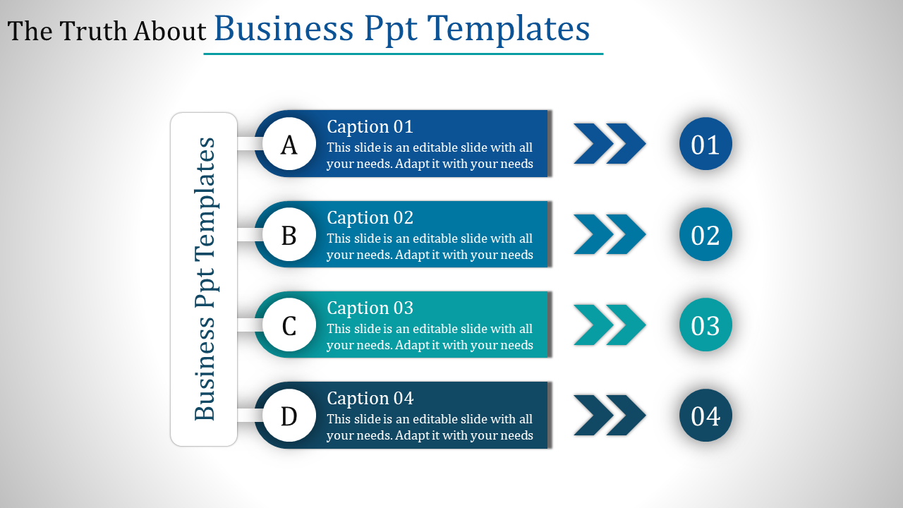 Four step business infographic with A to D labels, featuring blue captions, and numbered arrows on a white background.
