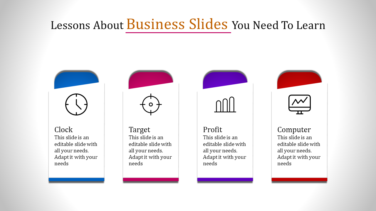 Colorful slide showing four key business concepts clock, target, profit, and computer, each with a description below.