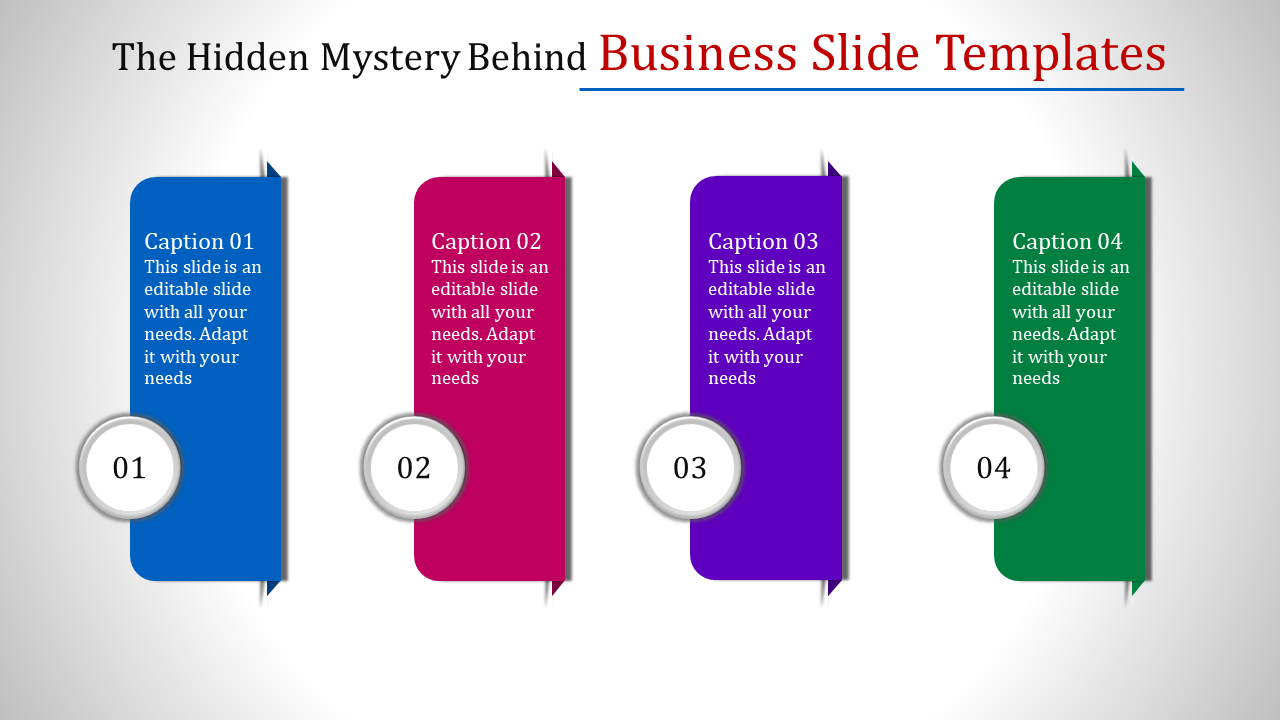 Business slide with four colorful sections, each featuring an icon and caption.