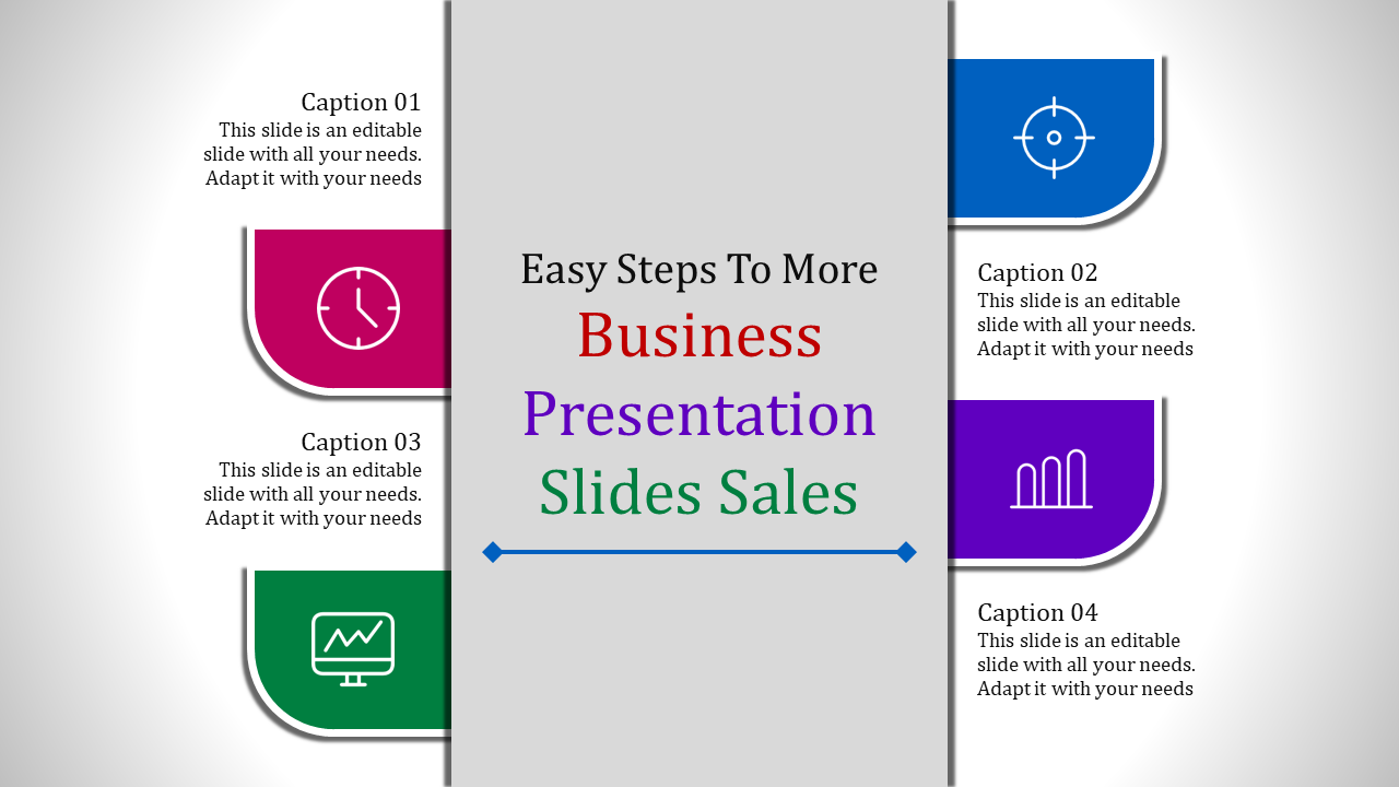 Business presentation template with four colorful sections, each with a caption and unique icons.