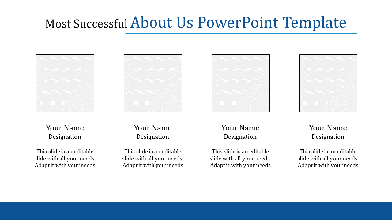 Four gray square placeholders in a row with captions below each, designed for team member information.