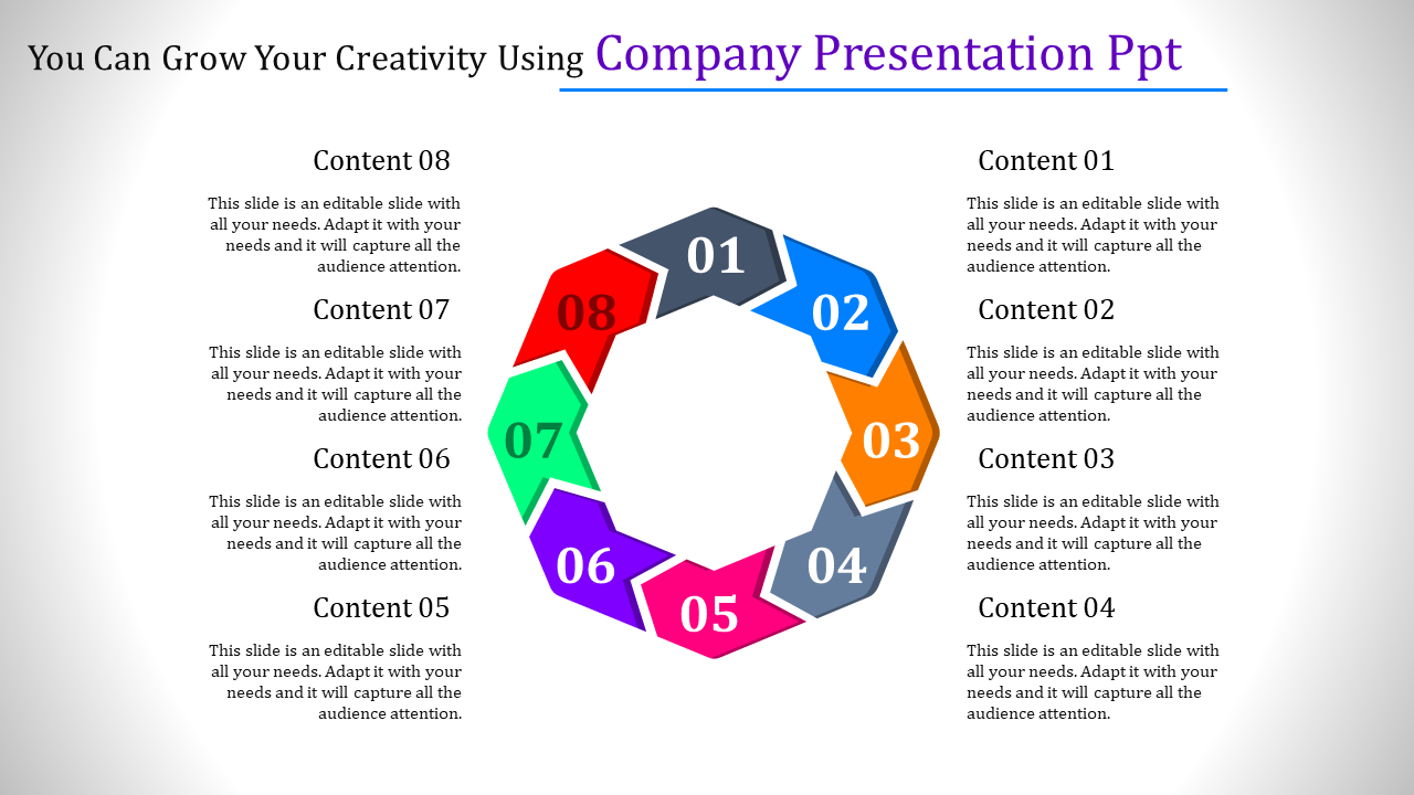 Circular company presentation design with numbered segments for content, from 01 to 08, in vibrant colors.