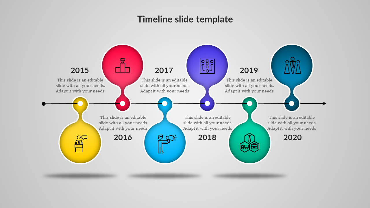 A colorful timeline slide with icons representing various years from 2015 to 2020 with placeholder text.