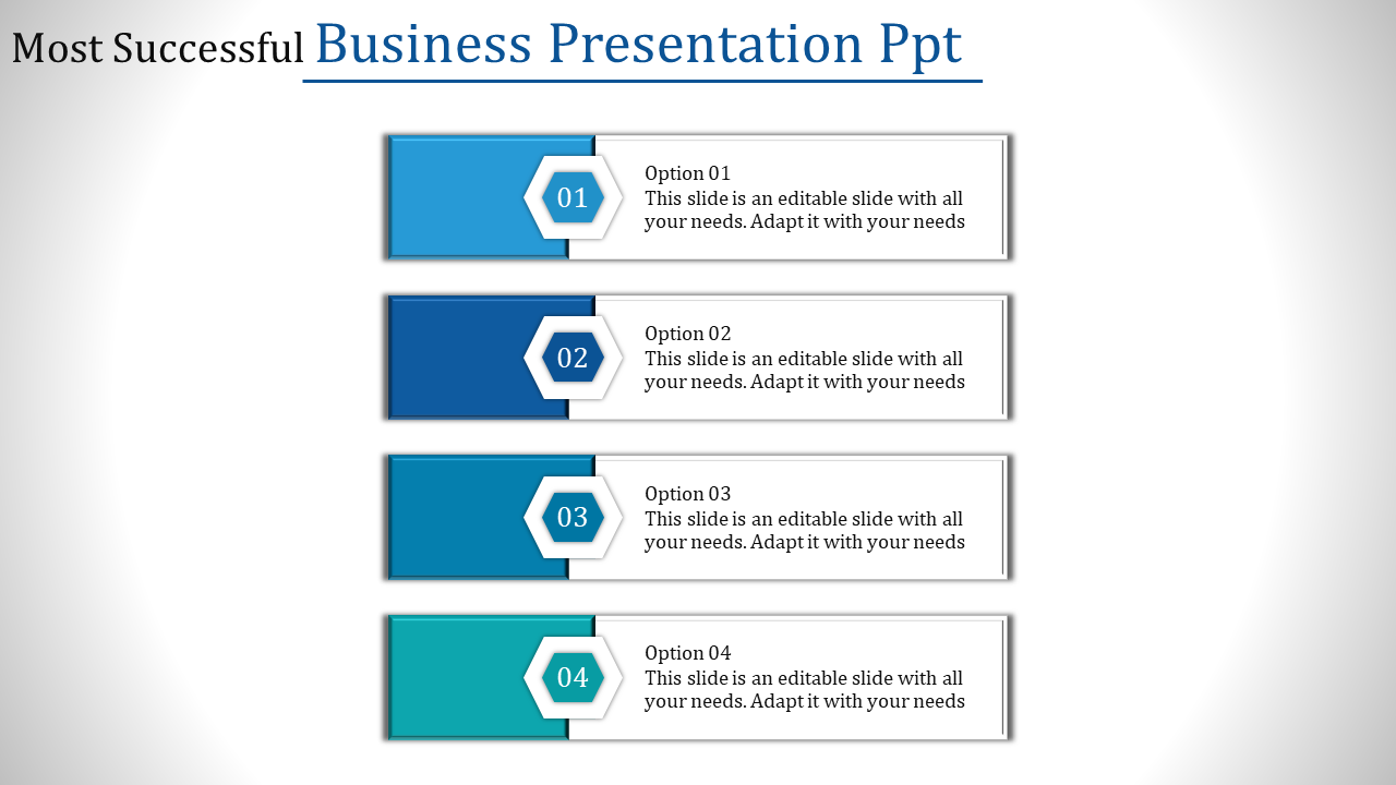 Business slide showing four blue gradient sections with white hexagon icons and placeholders text areas.
