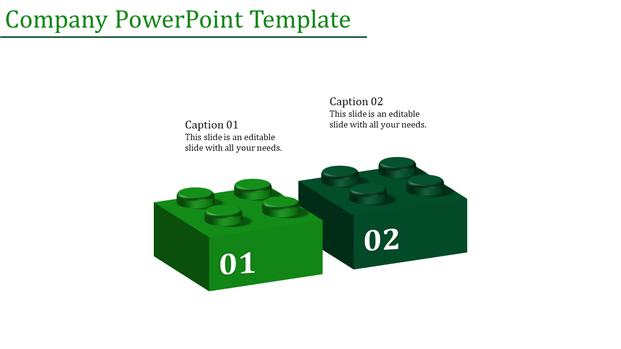 Two 3D company green blocks, one light and one dark, numbered 01 and 02, arranged horizontally with captions above.