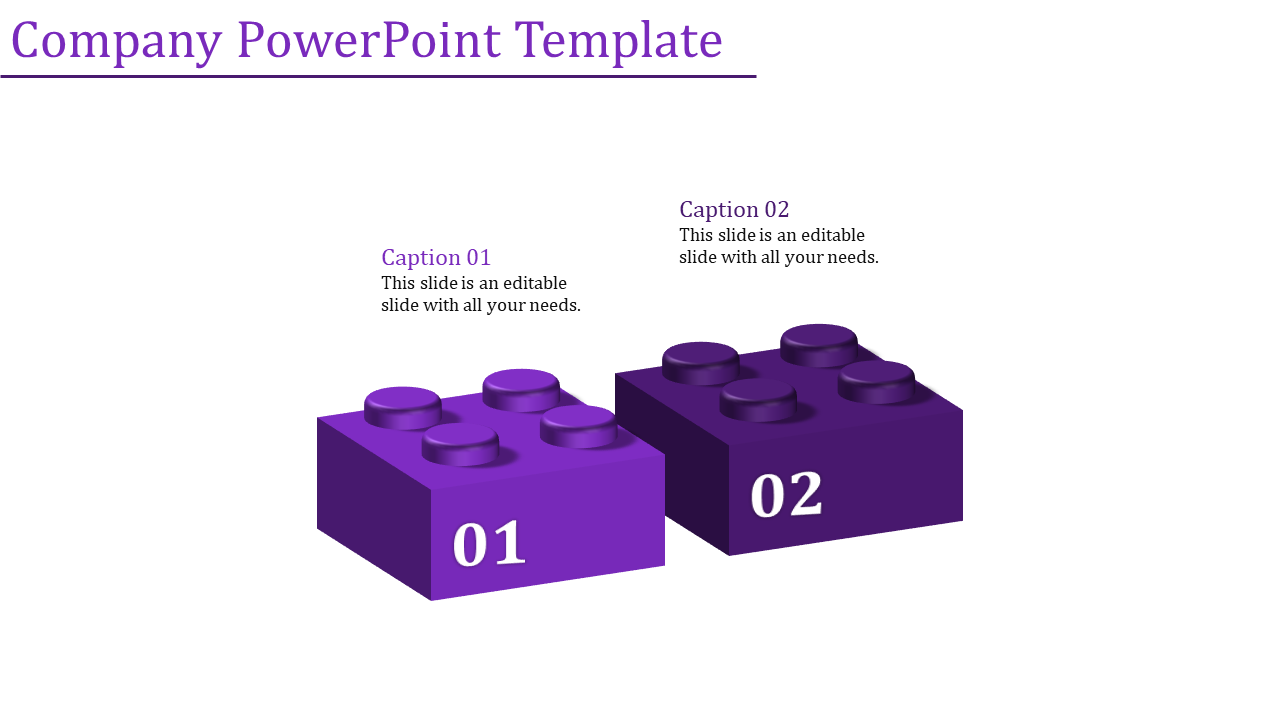 Two purple 3D blocks numbered 01 and 02, with captions above each, set on a white background.