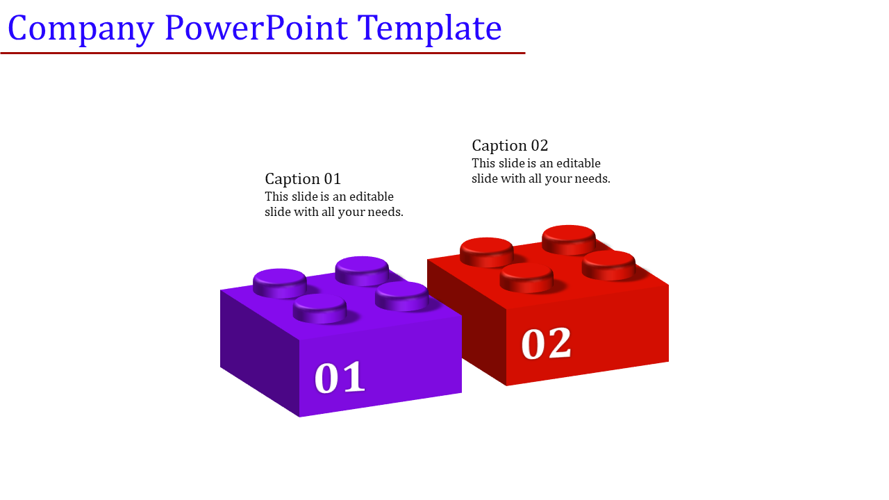 Horizontal company arrangement of two blocks in purple and red, featuring numbers 01 and 02 with captions.